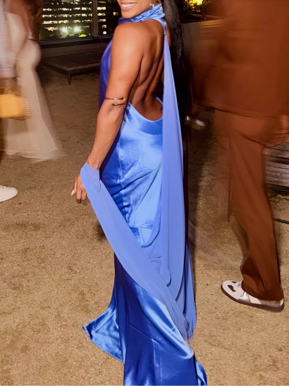 Satin Backless Retrofete Halter Gown in Periwinkle Blue